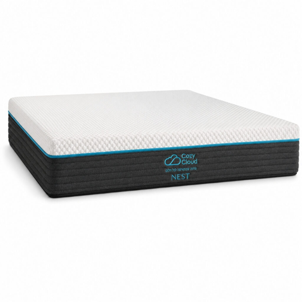 מזרן Cozy Cloud NEST בזווית שלושה רבעים עם טופ לבן , דופן שחורה ופס טורקיז